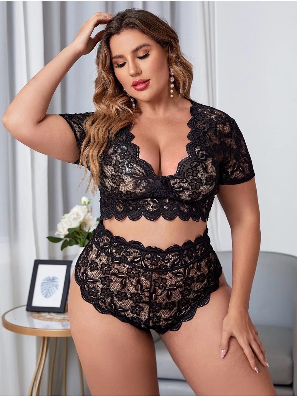 Lace Scallop Bralette & High-Waist Panty Set - Black